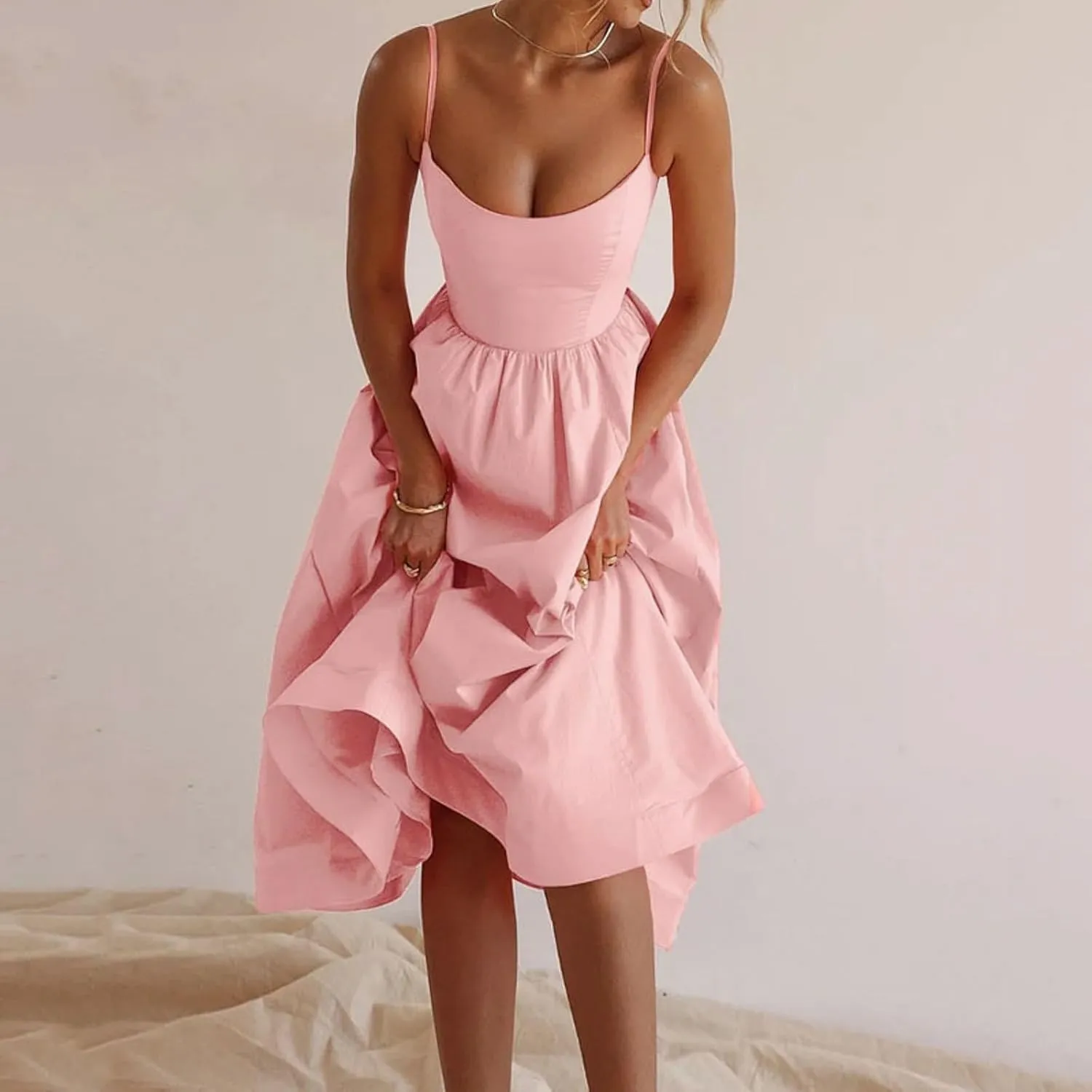 Women's Sexy Low Cut Spaghetti Strap Long Dresses Casual Sleeveless Trendy Slimd Midi Dress Square Neck Bustier Dress