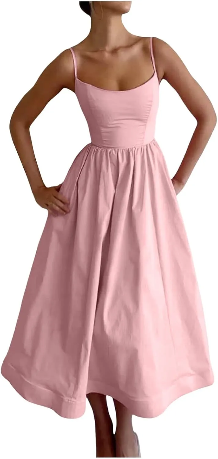 Women's Sexy Low Cut Spaghetti Strap Long Dresses Casual Sleeveless Trendy Slimd Midi Dress Square Neck Bustier Dress