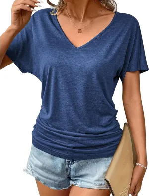 Womens Shirts Fashion Summer V Neck T Shirts Casual Short Sleeve Tops Loose Fit Tees Tops Solid Color Work Blouses