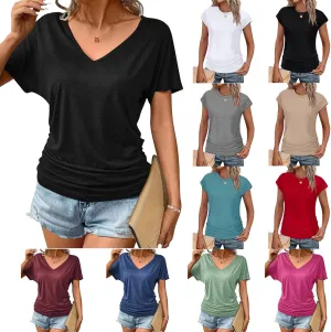 Womens Shirts Fashion Summer V Neck T Shirts Casual Short Sleeve Tops Loose Fit Tees Tops Solid Color Work Blouses