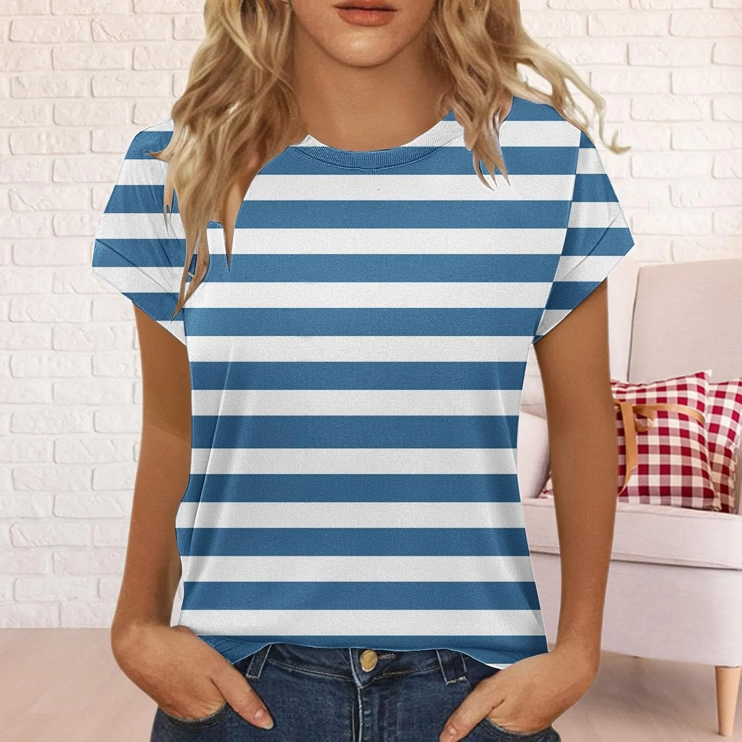 Womens Short Sleeve Round Neck Blouses Spring Dressy Casual Loose Fit T Shirts Summer Solid Color Tunic Tops