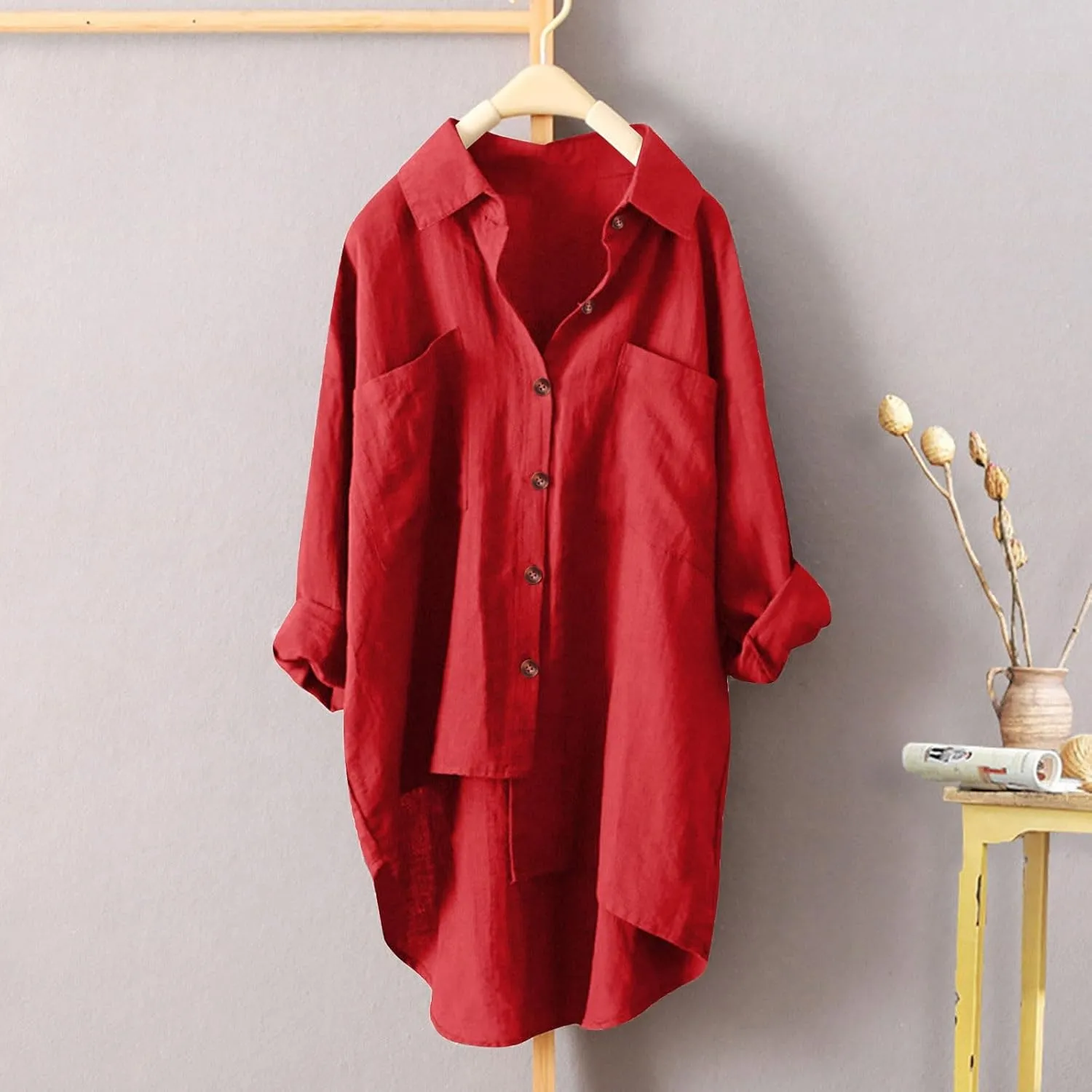 Women's Solid Color Shirts Business Single Breasted High Low Irregular Hem Long Sleeve Loose Blouse Office Work Tops