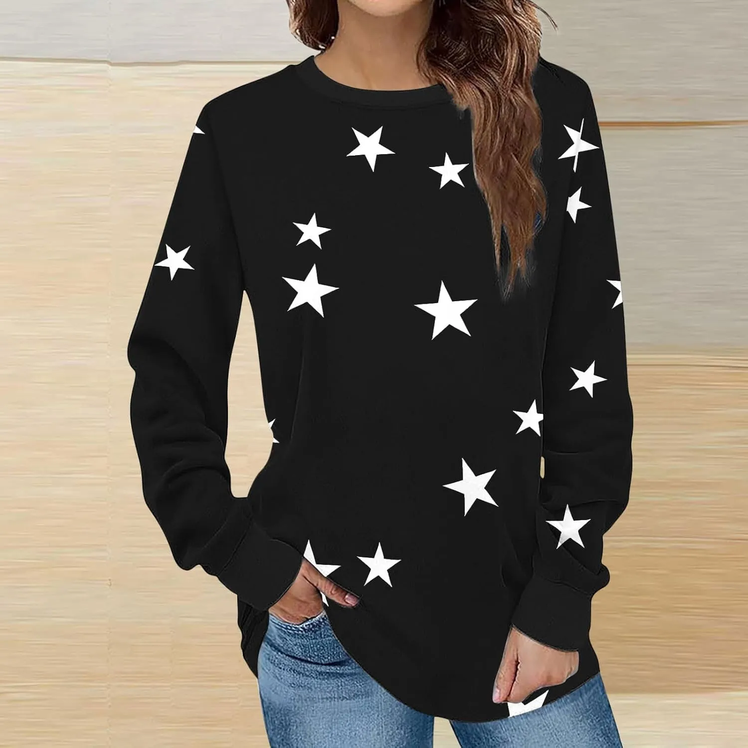Women's Star Crewneck Sweatshirt Casual Long Sleeve Pullover Loose Comfy Sweater Fall Oversized Top Leisure Resort