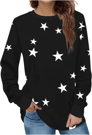 Women's Star Crewneck Sweatshirt Casual Long Sleeve Pullover Loose Comfy Sweater Fall Oversized Top Leisure Resort