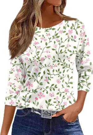 Womens Summer 3/4 Length Sleeve Tops Crewneck Casual Shirts Loose Fit Three Quarter Blouses Clothes
