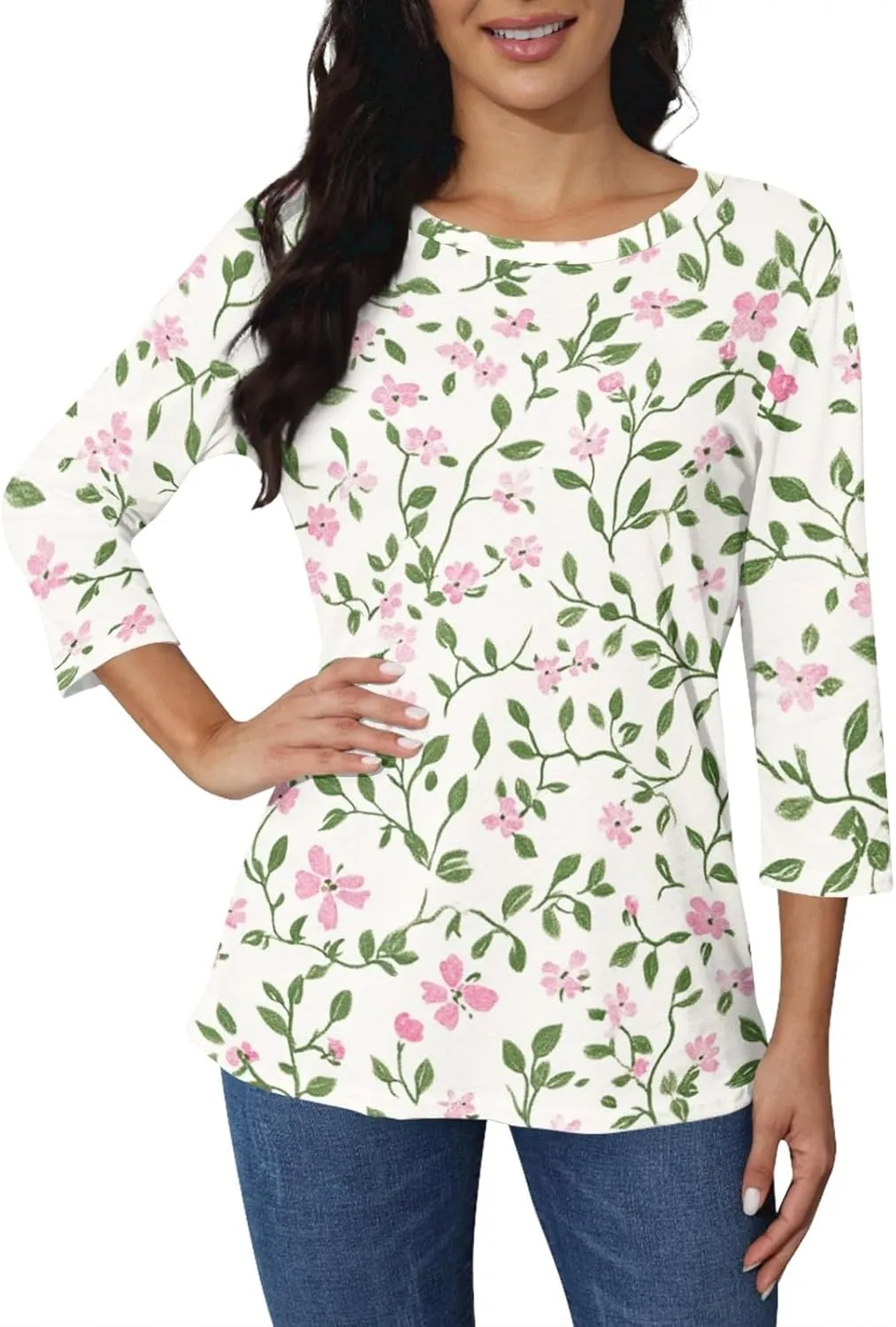 Womens Summer 3/4 Length Sleeve Tops Crewneck Casual Shirts Loose Fit Three Quarter Blouses Clothes