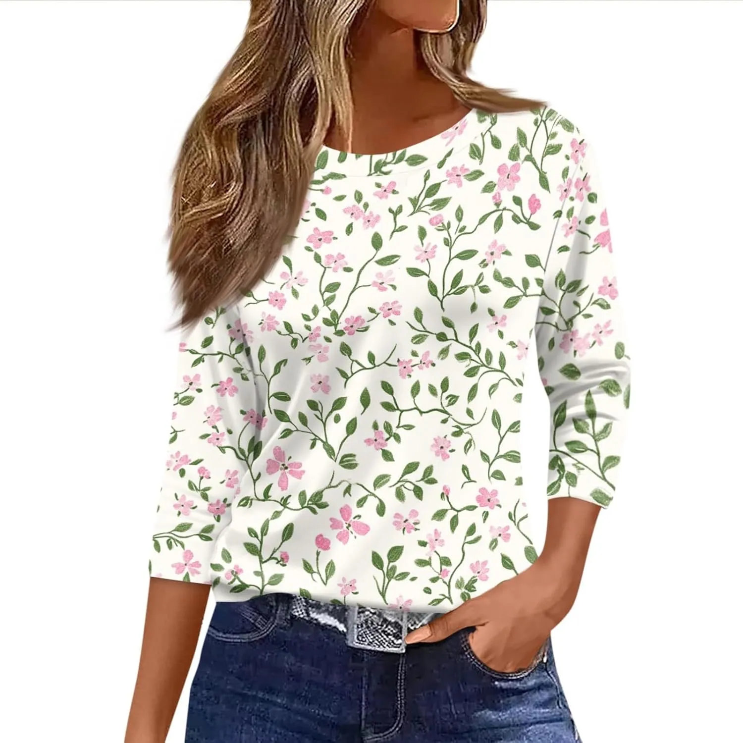 Womens Summer 3/4 Length Sleeve Tops Crewneck Casual Shirts Loose Fit Three Quarter Blouses Clothes