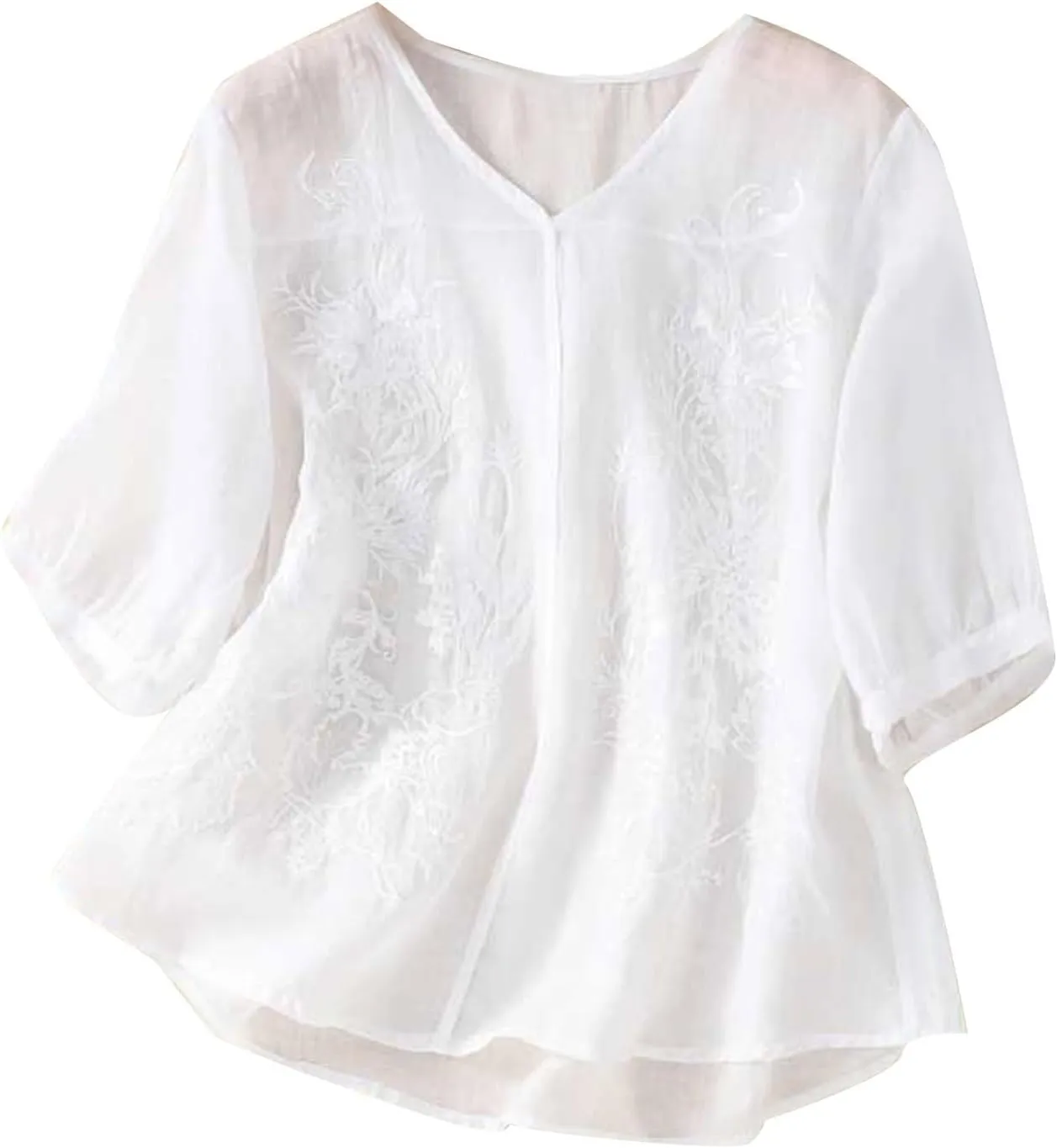 Women's Summer 3/4 Sleeve Cotton Linen Tops Vintage Mexican Embroidered Shirts Casual V Neck Boho Blouse Oversized
