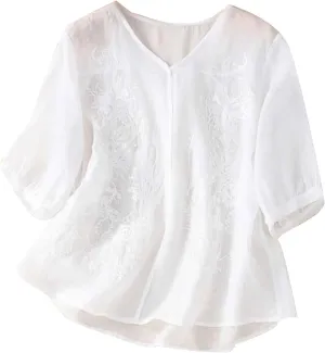 Women's Summer 3/4 Sleeve Cotton Linen Tops Vintage Mexican Embroidered Shirts Casual V Neck Boho Blouse Oversized
