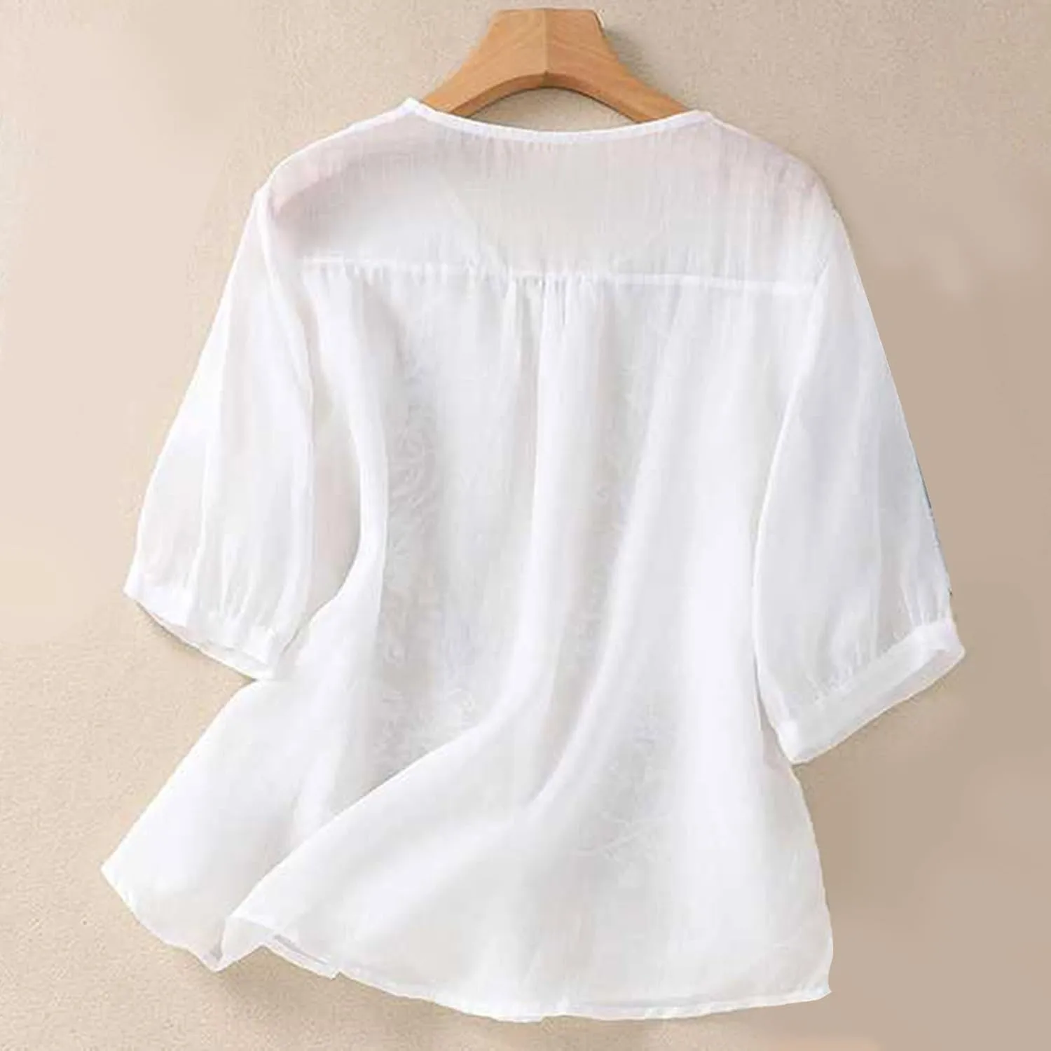Women's Summer 3/4 Sleeve Cotton Linen Tops Vintage Mexican Embroidered Shirts Casual V Neck Boho Blouse Oversized