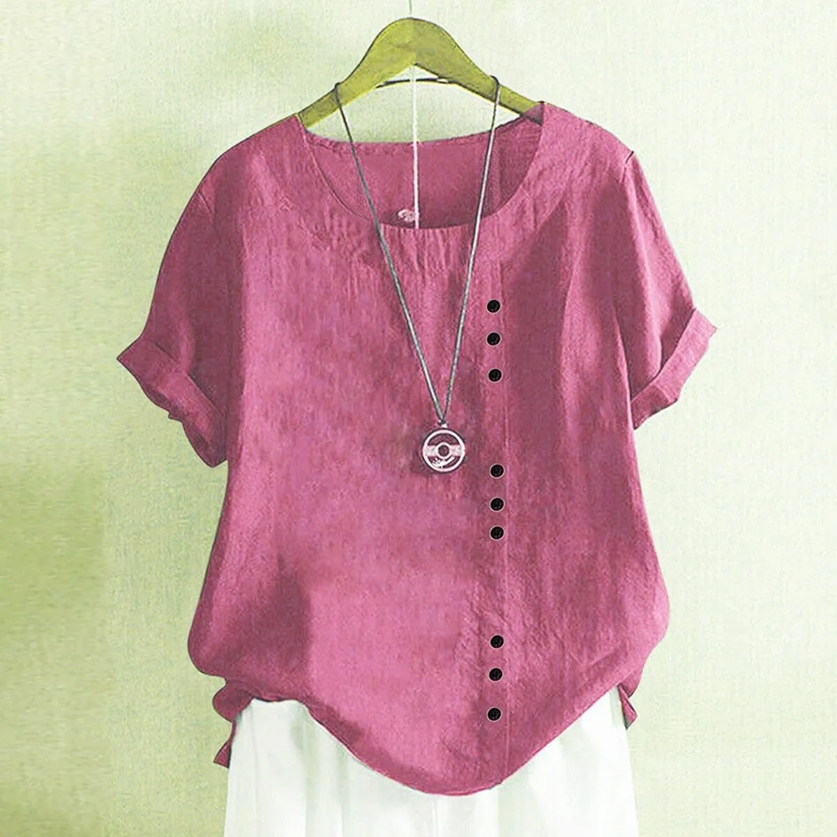 Women's Summer Embroidered T Shirts Casual Cotton Linen Blouse Short Sleeve Round Neck Tops Oversized Boho Tees