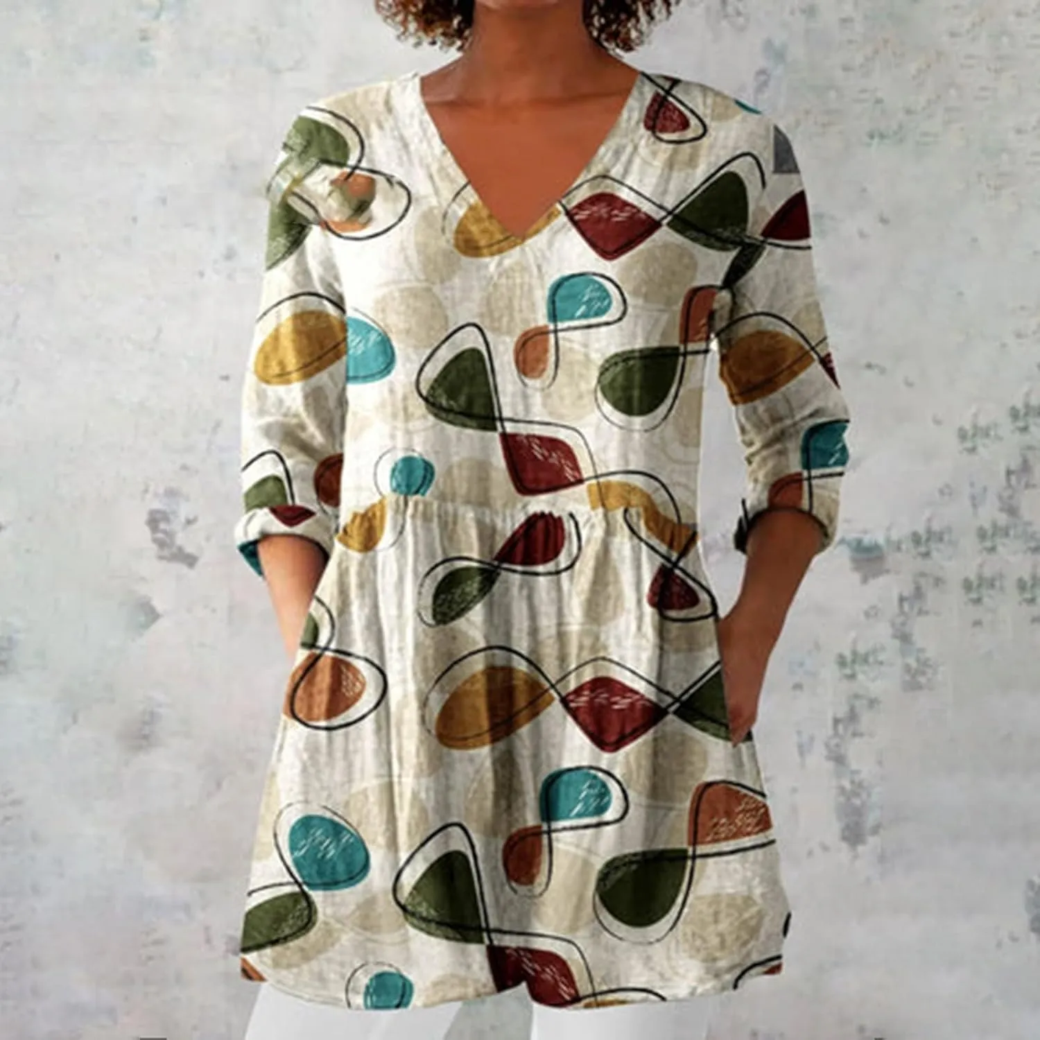 Womens Summer Fall Fashion 3/4 Length Sleeve Tops V Neck Causal Floral Vintage Beach Vaction Dress Tee Shirts Blouses