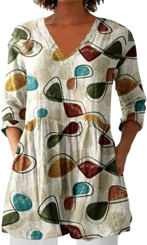 Womens Summer Fall Fashion 3/4 Length Sleeve Tops V Neck Causal Floral Vintage Beach Vaction Dress Tee Shirts Blouses