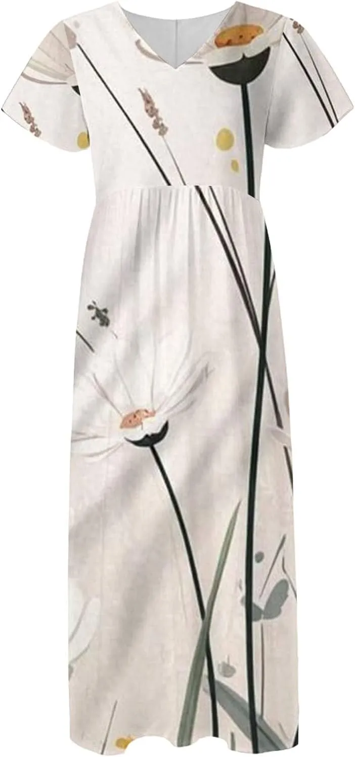 Womens Summer Midi Dress V Neck Short Sleeve Ruffle Hem Sundress Spring Casual Boho Floral Chiffon Maxi Dresses