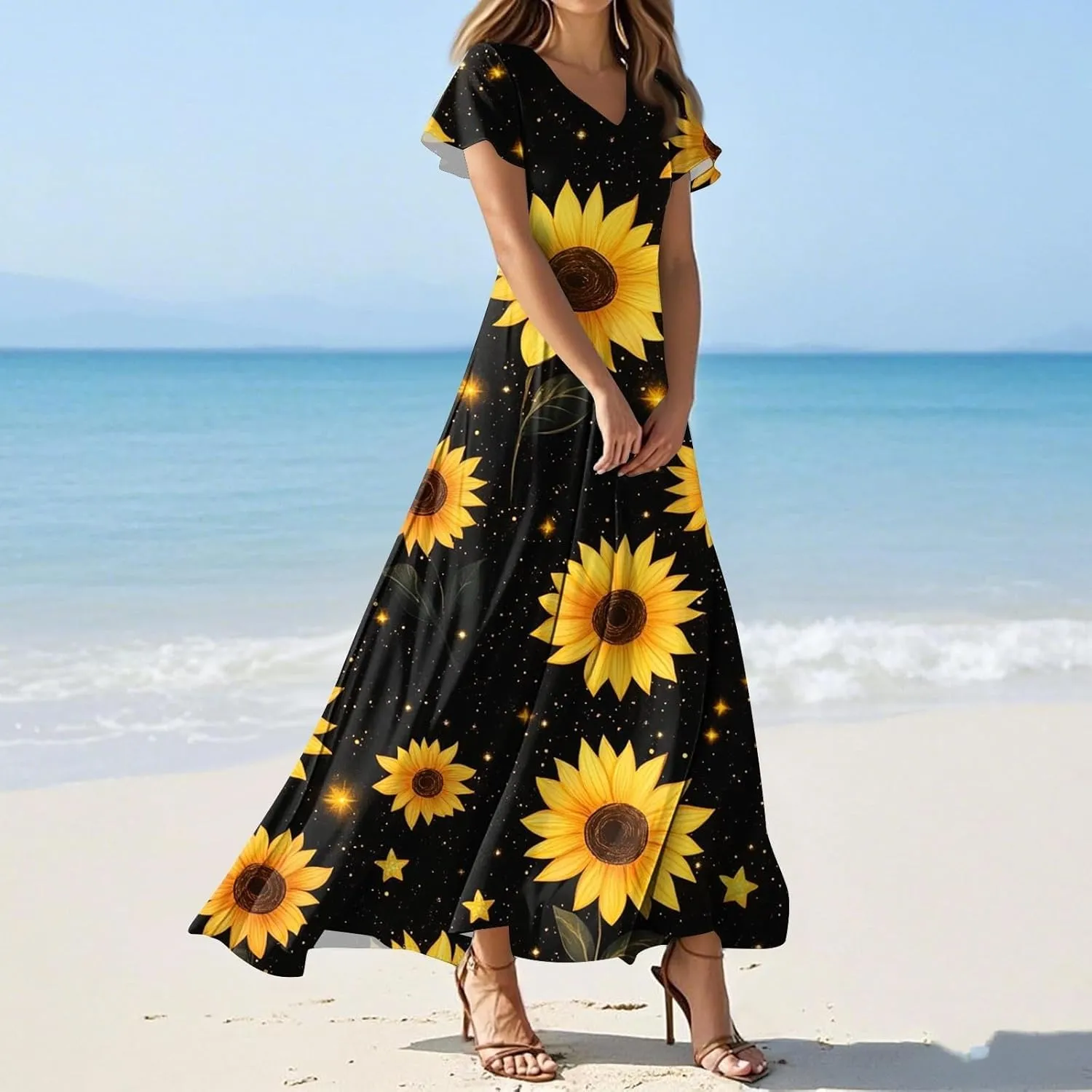 Womens Summer Midi Dress V Neck Short Sleeve Ruffle Hem Sundress Spring Casual Boho Floral Chiffon Maxi Dresses