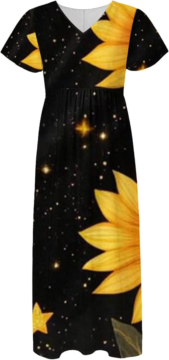 Womens Summer Midi Dress V Neck Short Sleeve Ruffle Hem Sundress Spring Casual Boho Floral Chiffon Maxi Dresses