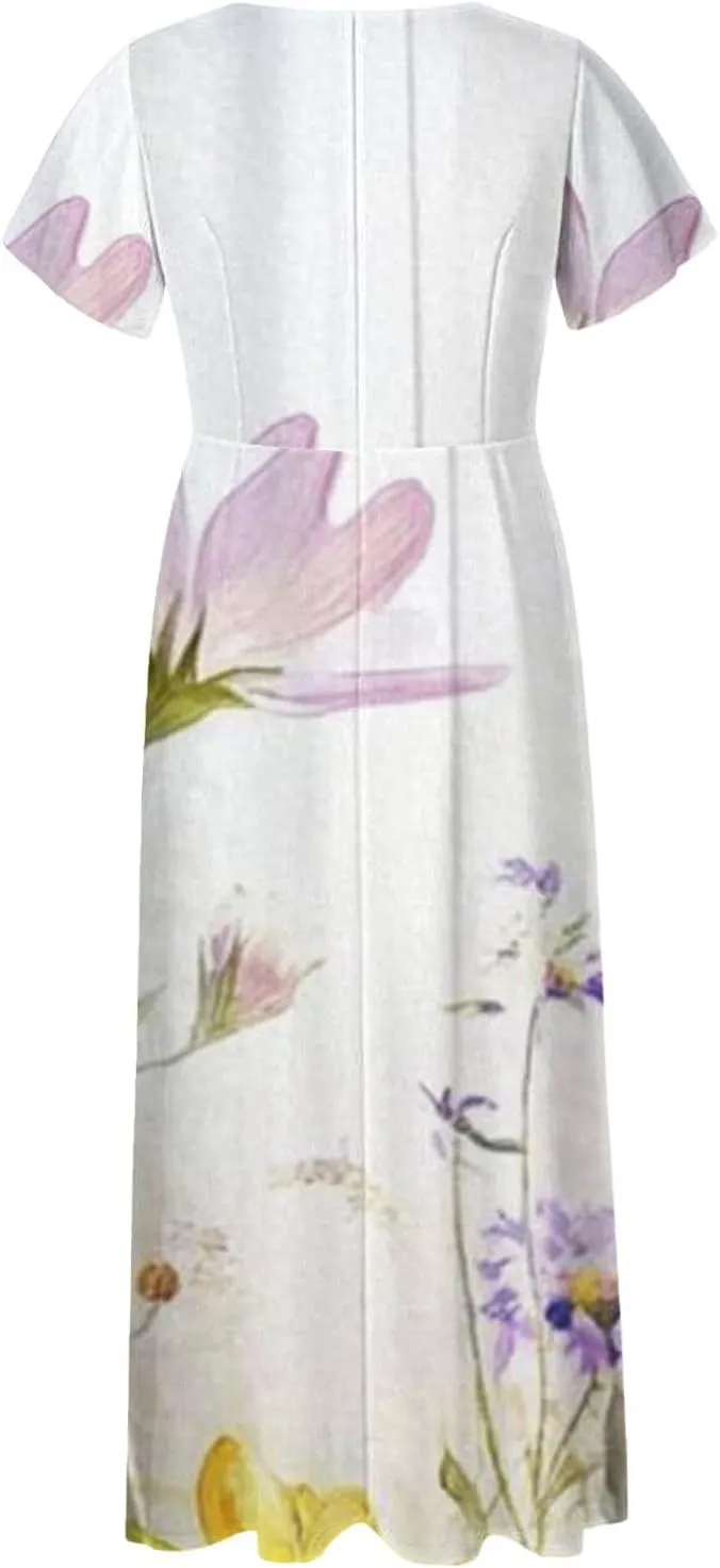 Womens Summer Midi Dress V Neck Short Sleeve Ruffle Hem Sundress Spring Casual Boho Floral Chiffon Maxi Dresses