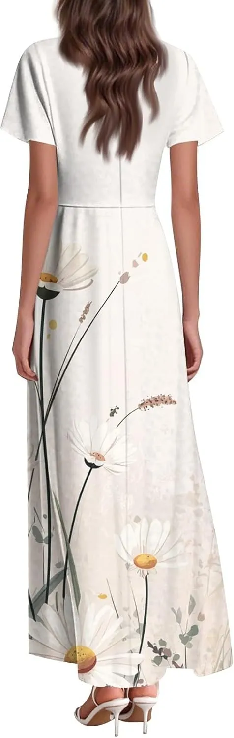 Womens Summer Midi Dress V Neck Short Sleeve Ruffle Hem Sundress Spring Casual Boho Floral Chiffon Maxi Dresses