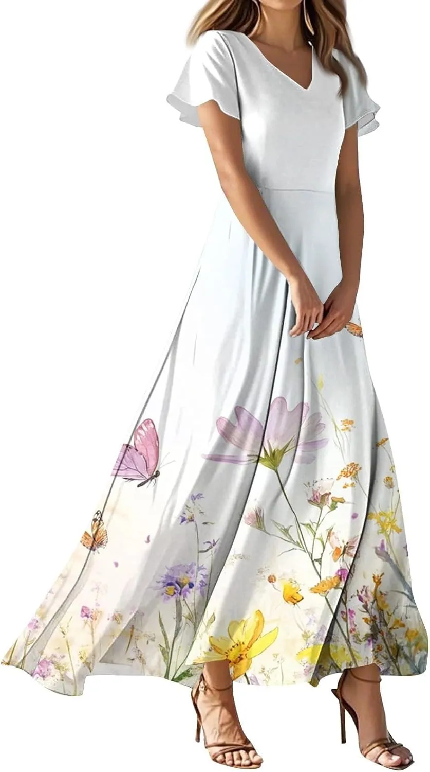 Womens Summer Midi Dress V Neck Short Sleeve Ruffle Hem Sundress Spring Casual Boho Floral Chiffon Maxi Dresses