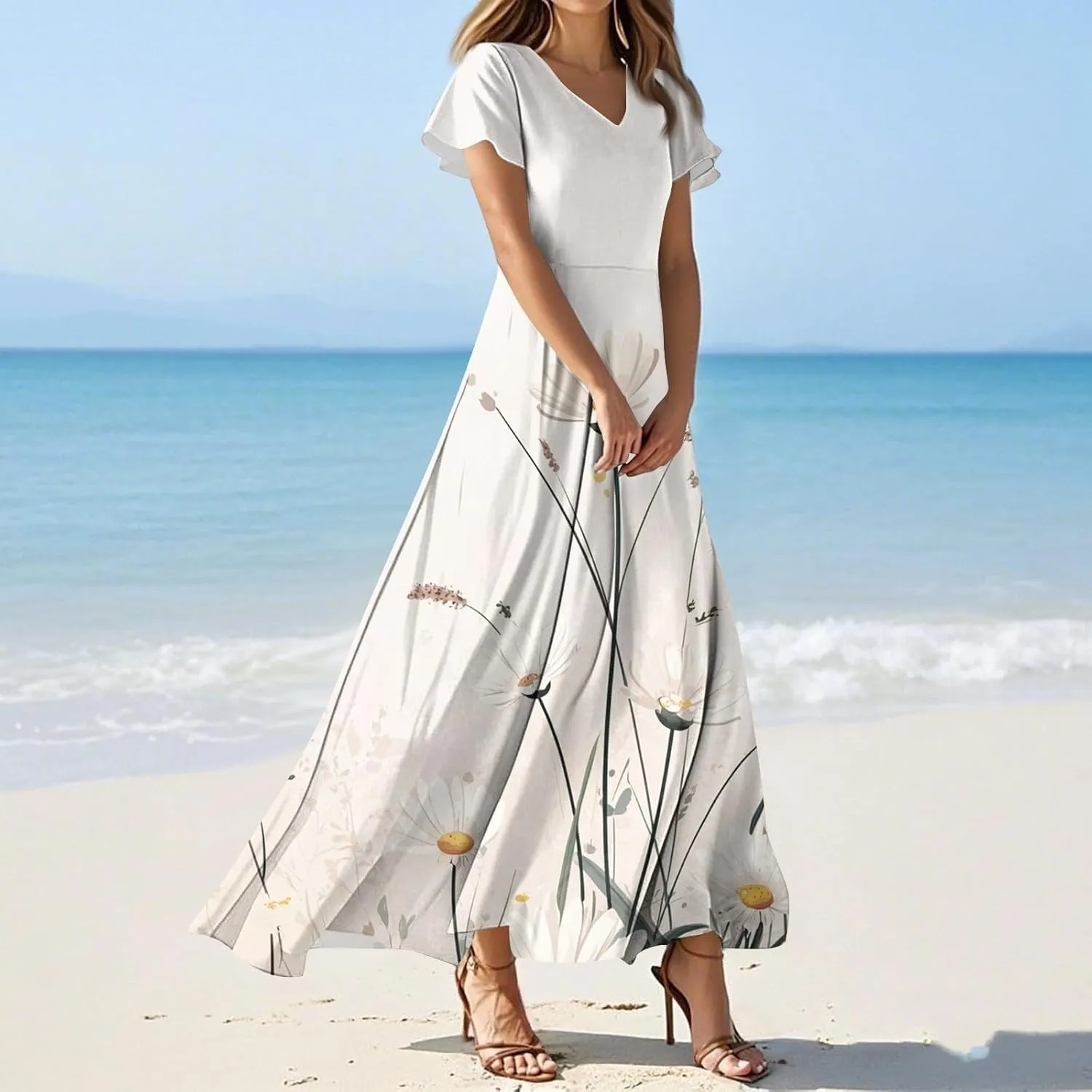Womens Summer Midi Dress V Neck Short Sleeve Ruffle Hem Sundress Spring Casual Boho Floral Chiffon Maxi Dresses