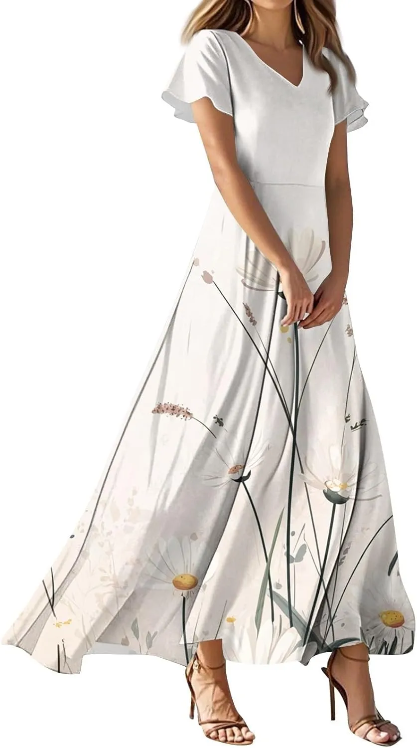 Womens Summer Midi Dress V Neck Short Sleeve Ruffle Hem Sundress Spring Casual Boho Floral Chiffon Maxi Dresses