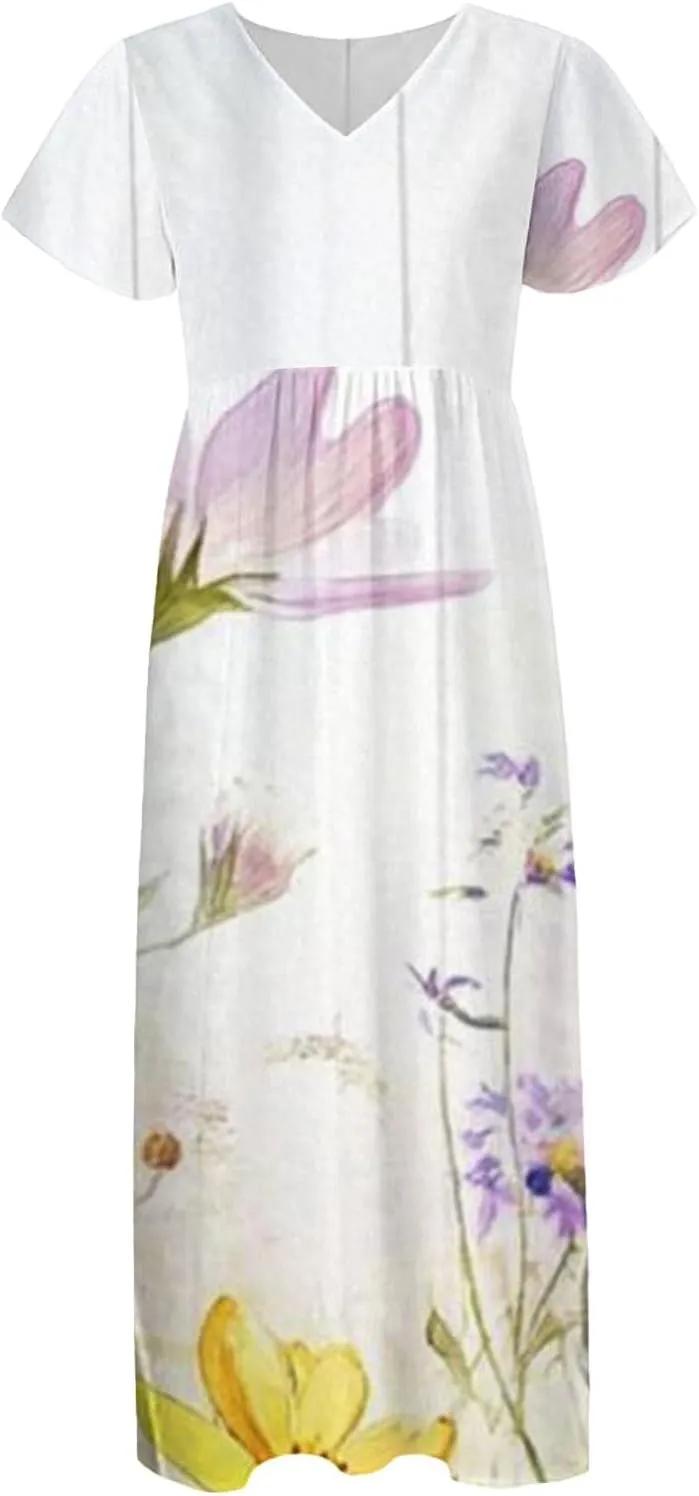 Womens Summer Midi Dress V Neck Short Sleeve Ruffle Hem Sundress Spring Casual Boho Floral Chiffon Maxi Dresses
