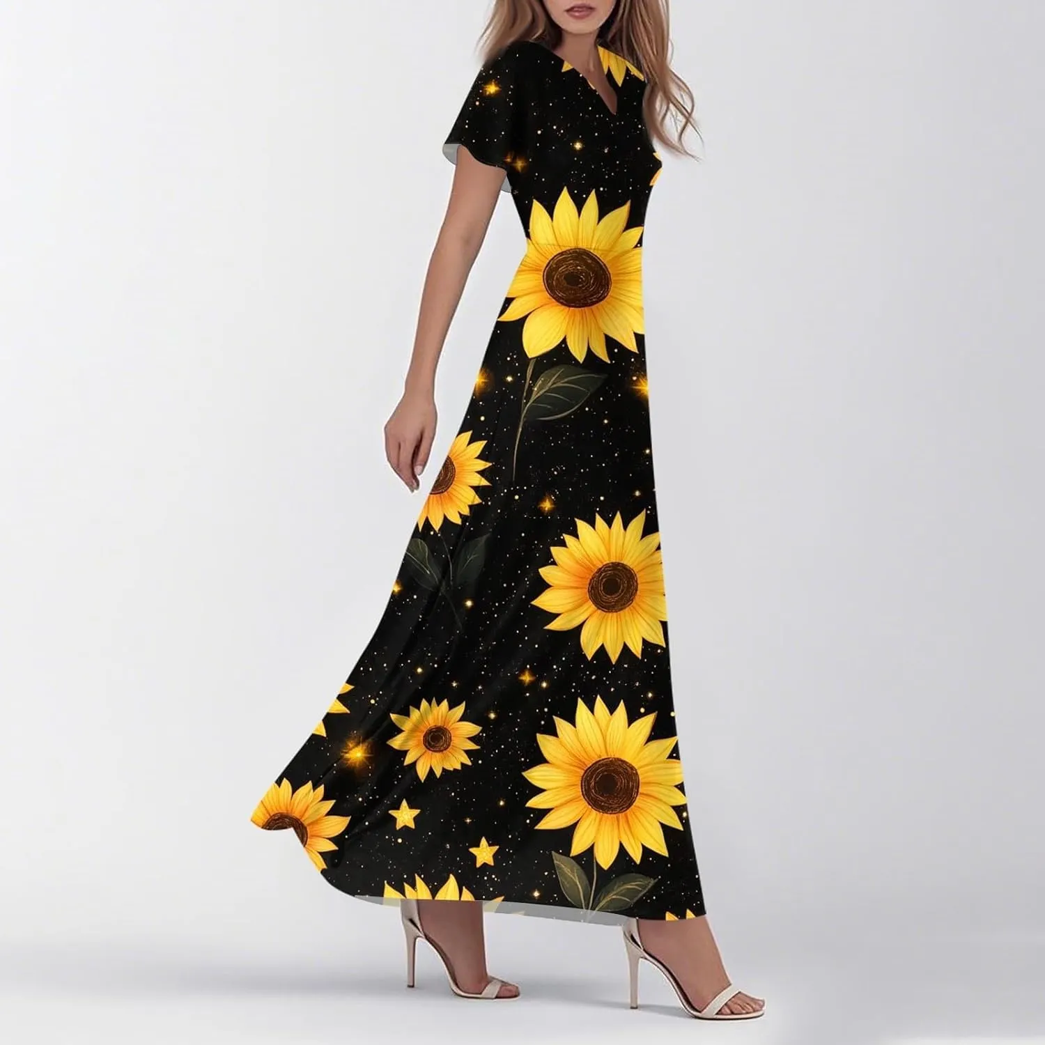 Womens Summer Midi Dress V Neck Short Sleeve Ruffle Hem Sundress Spring Casual Boho Floral Chiffon Maxi Dresses