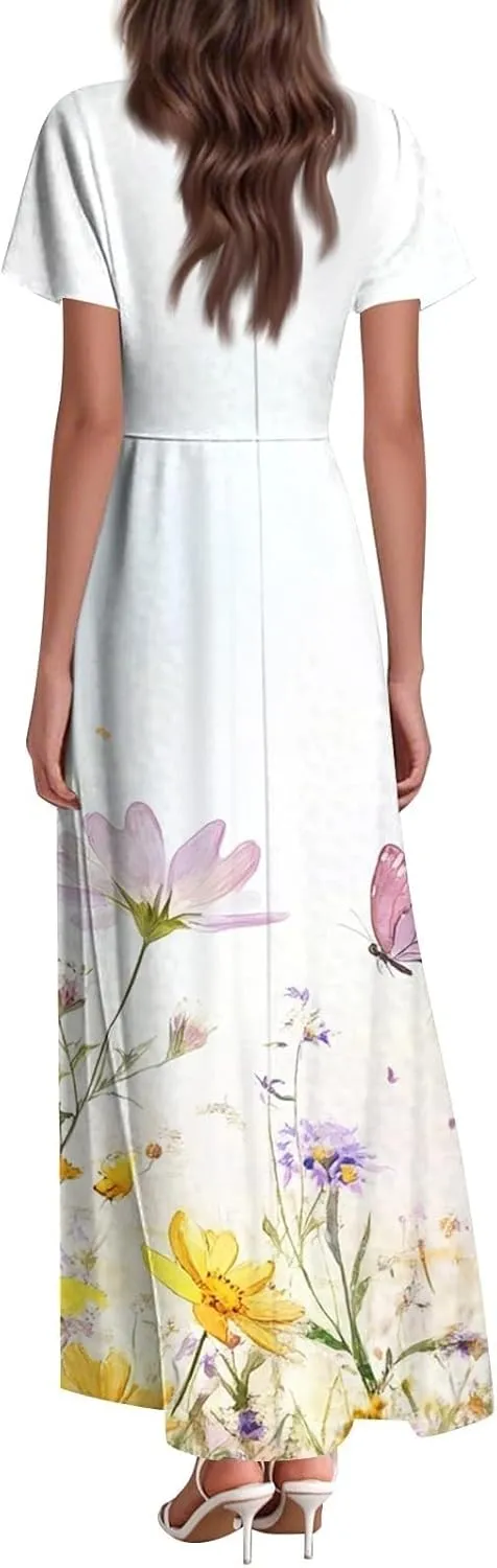 Womens Summer Midi Dress V Neck Short Sleeve Ruffle Hem Sundress Spring Casual Boho Floral Chiffon Maxi Dresses