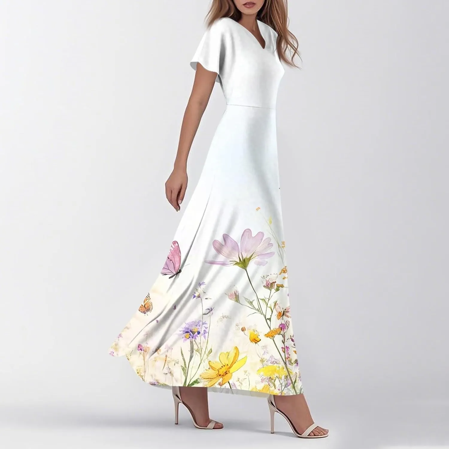 Womens Summer Midi Dress V Neck Short Sleeve Ruffle Hem Sundress Spring Casual Boho Floral Chiffon Maxi Dresses