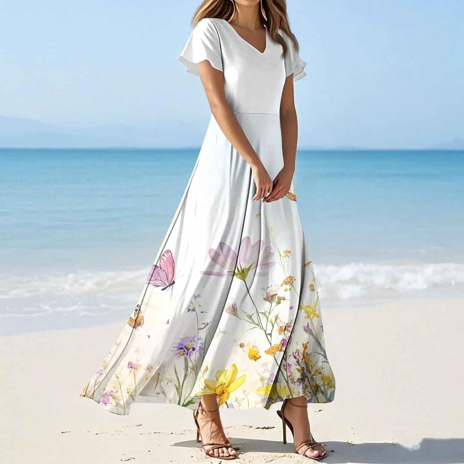 Womens Summer Midi Dress V Neck Short Sleeve Ruffle Hem Sundress Spring Casual Boho Floral Chiffon Maxi Dresses