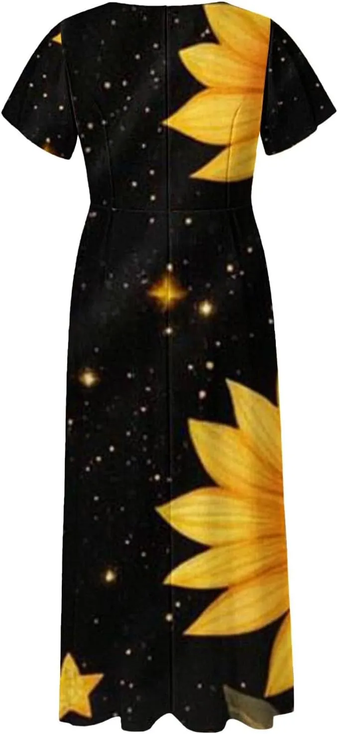 Womens Summer Midi Dress V Neck Short Sleeve Ruffle Hem Sundress Spring Casual Boho Floral Chiffon Maxi Dresses