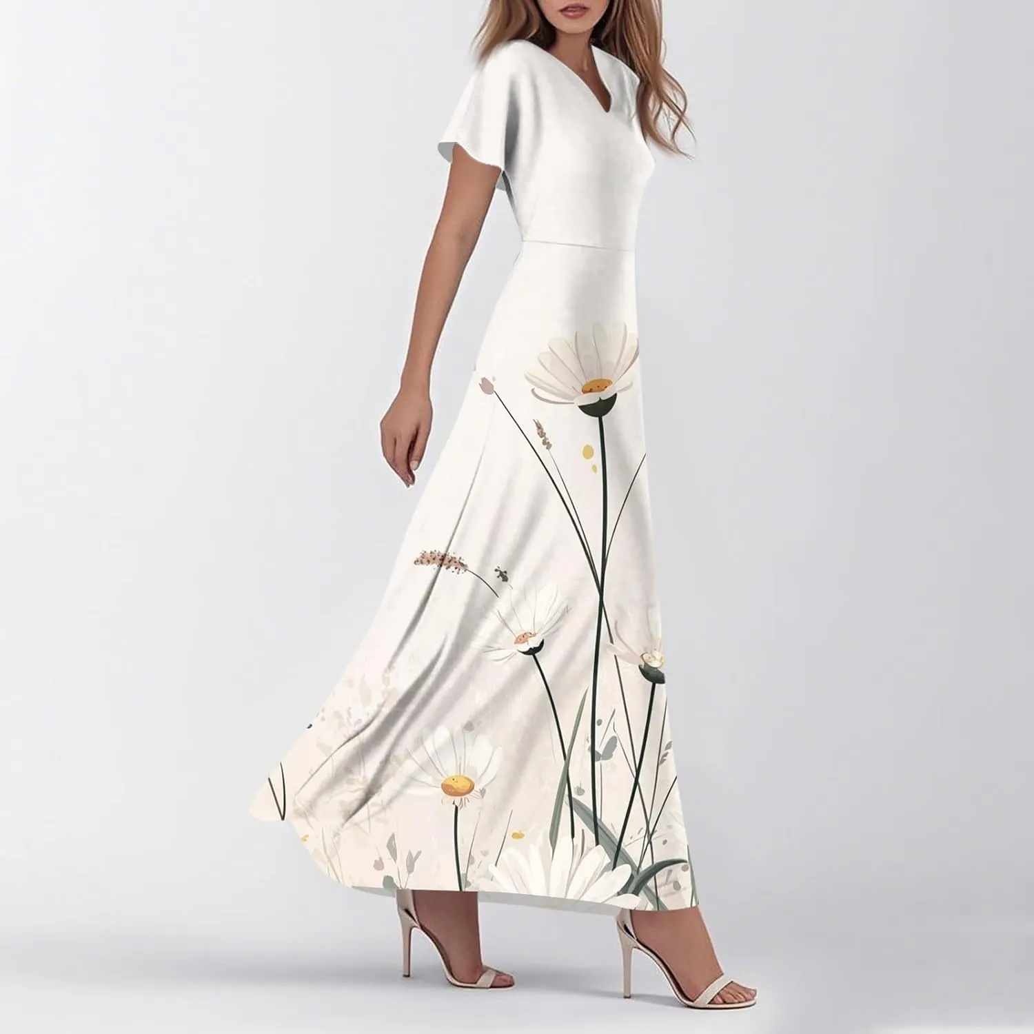 Womens Summer Midi Dress V Neck Short Sleeve Ruffle Hem Sundress Spring Casual Boho Floral Chiffon Maxi Dresses