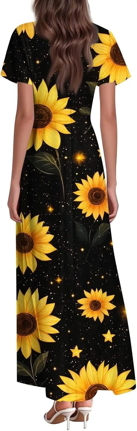 Womens Summer Midi Dress V Neck Short Sleeve Ruffle Hem Sundress Spring Casual Boho Floral Chiffon Maxi Dresses