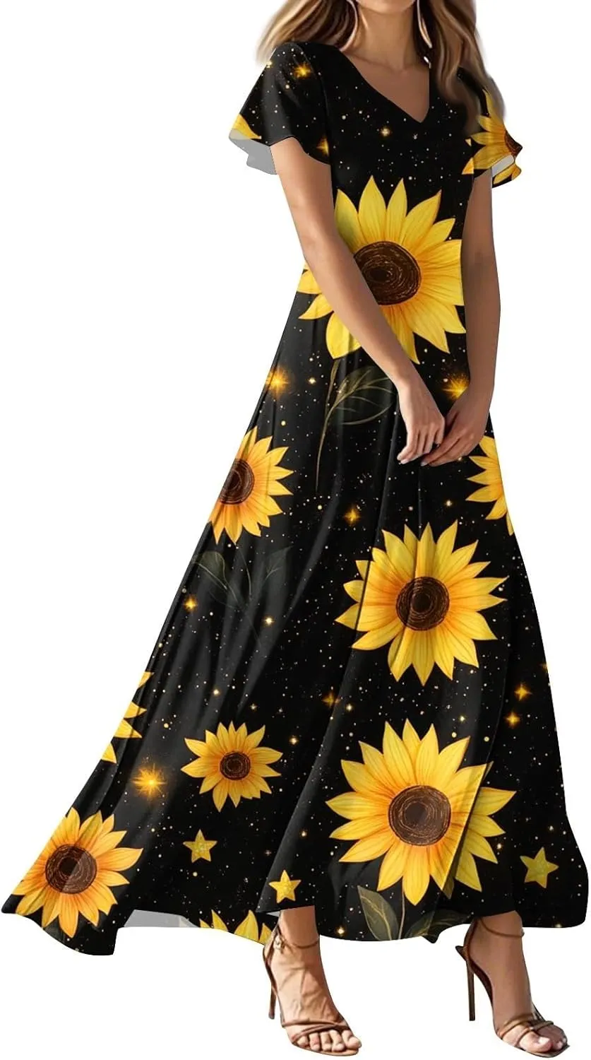 Womens Summer Midi Dress V Neck Short Sleeve Ruffle Hem Sundress Spring Casual Boho Floral Chiffon Maxi Dresses