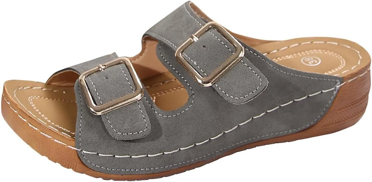 Womens Summer Sandals Double Strap Buckle Slides Sandal Fashion Trendy Casual Comfort Round Toe Shoes