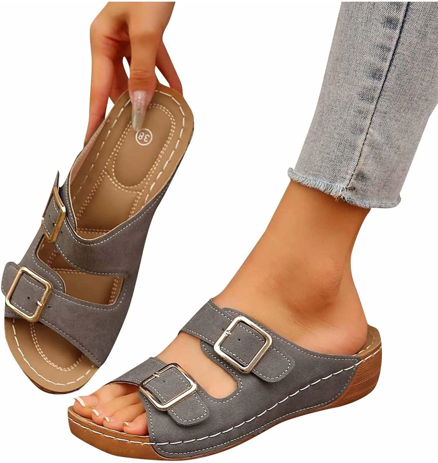 Womens Summer Sandals Double Strap Buckle Slides Sandal Fashion Trendy Casual Comfort Round Toe Shoes