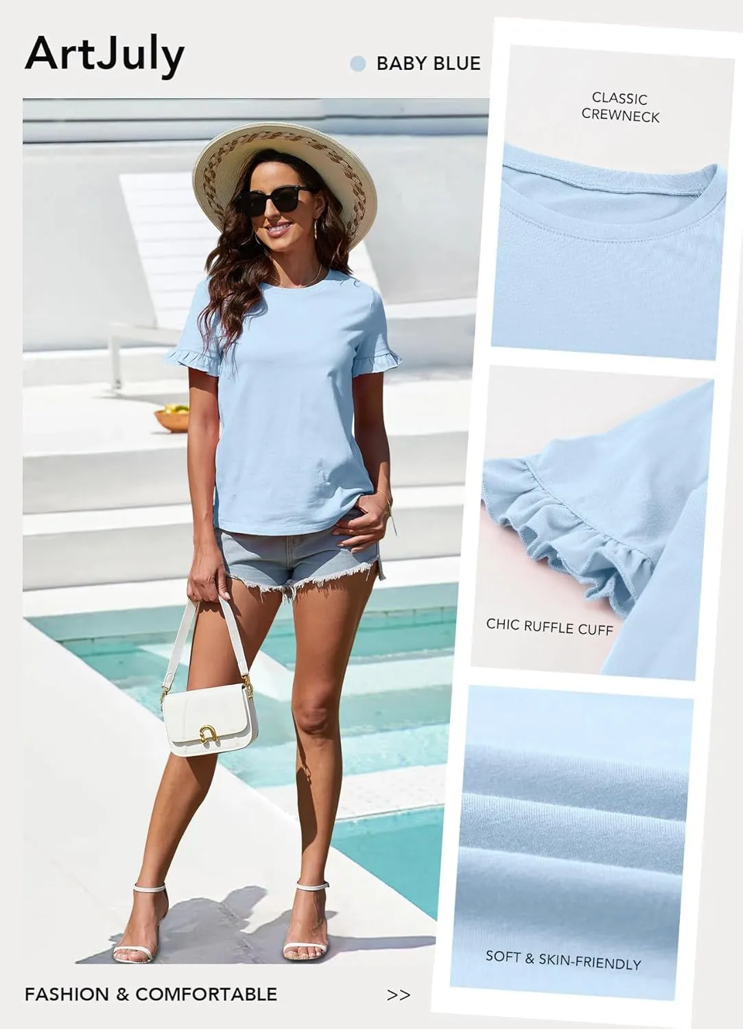 Women's Summer T-Shirts Cute Short Sleeve Tops Ruffle Basic Tees Shirts Casual Blouses