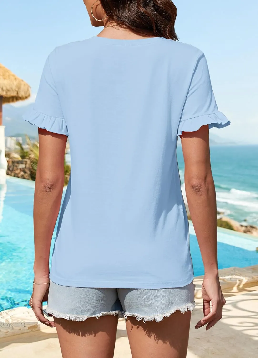 Women's Summer T-Shirts Cute Short Sleeve Tops Ruffle Basic Tees Shirts Casual Blouses