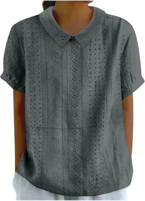 Womens Summer T Shirts Hollow Out Lace Embroidered Lapel Collar Short Sleeve Loose Casual Blouse Daily Work Dress Top