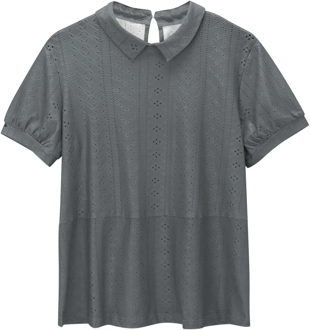 Womens Summer T Shirts Hollow Out Lace Embroidered Lapel Collar Short Sleeve Loose Casual Blouse Daily Work Dress Top