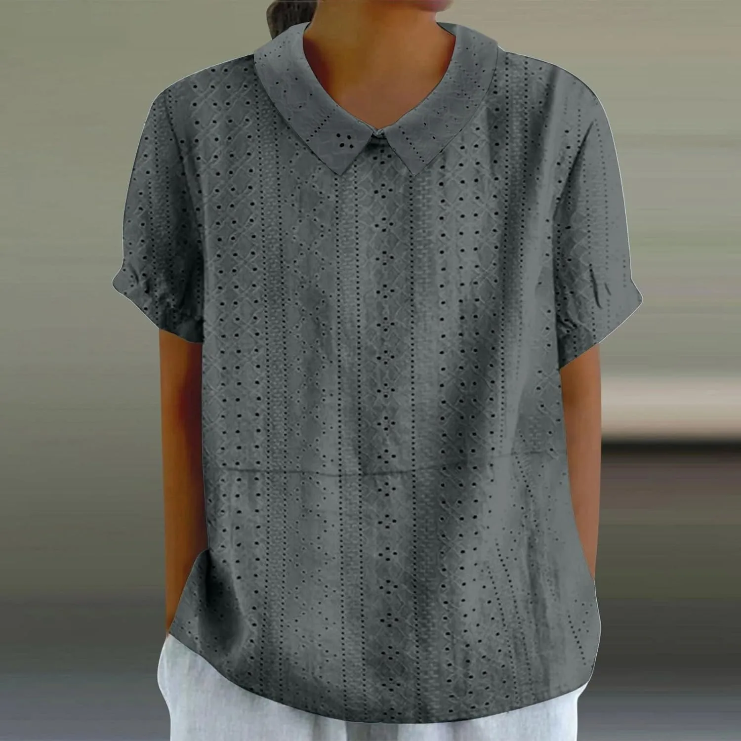 Womens Summer T Shirts Hollow Out Lace Embroidered Lapel Collar Short Sleeve Loose Casual Blouse Daily Work Dress Top