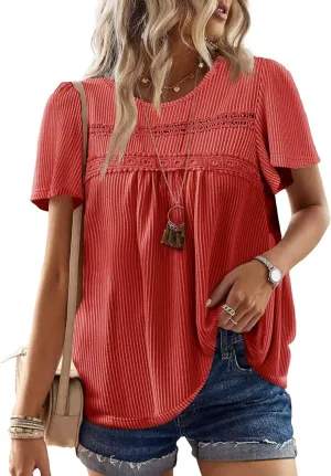 Womens Summer Tops Crewneck Short Sleeve Striped Shirts Casual Ribbed Blouses Flowy Hem Boho Clothing 2025