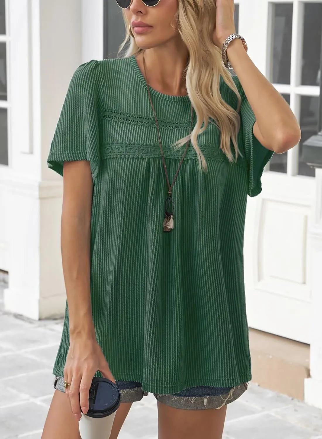 Womens Summer Tops Crewneck Short Sleeve Striped Shirts Casual Ribbed Blouses Flowy Hem Boho Clothing 2025