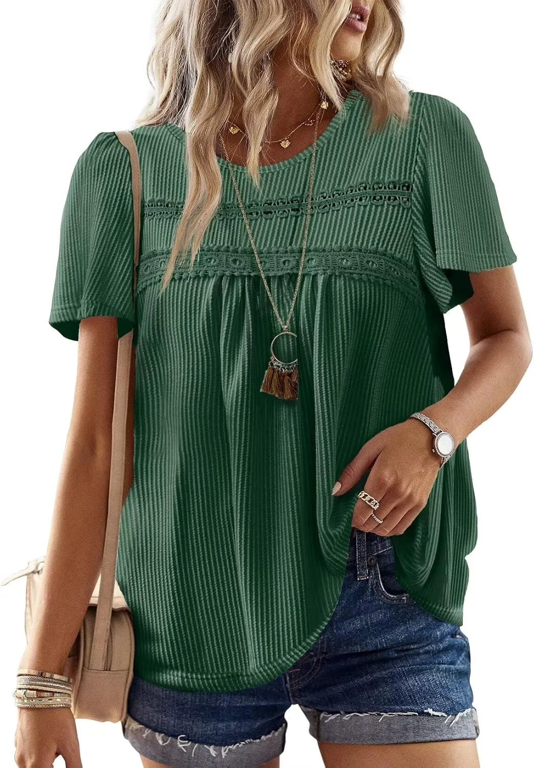 Womens Summer Tops Crewneck Short Sleeve Striped Shirts Casual Ribbed Blouses Flowy Hem Boho Clothing 2025
