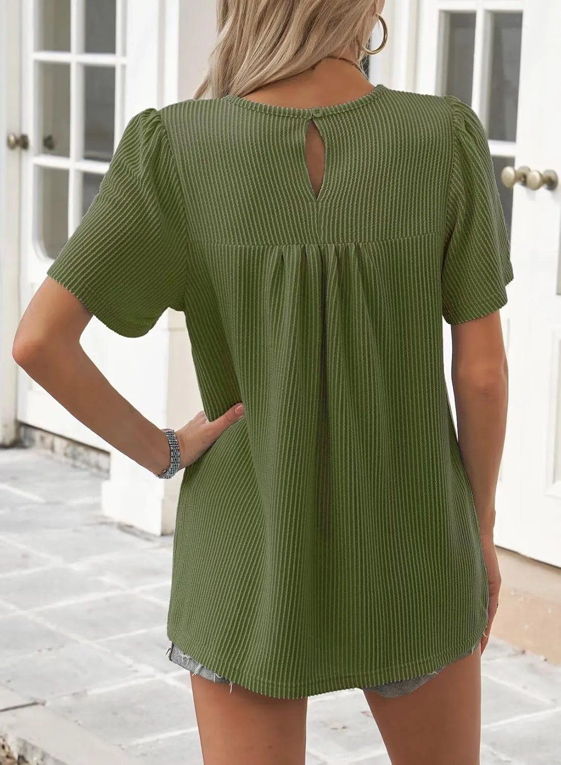 Womens Summer Tops Crewneck Short Sleeve Striped Shirts Casual Ribbed Blouses Flowy Hem Boho Clothing 2025
