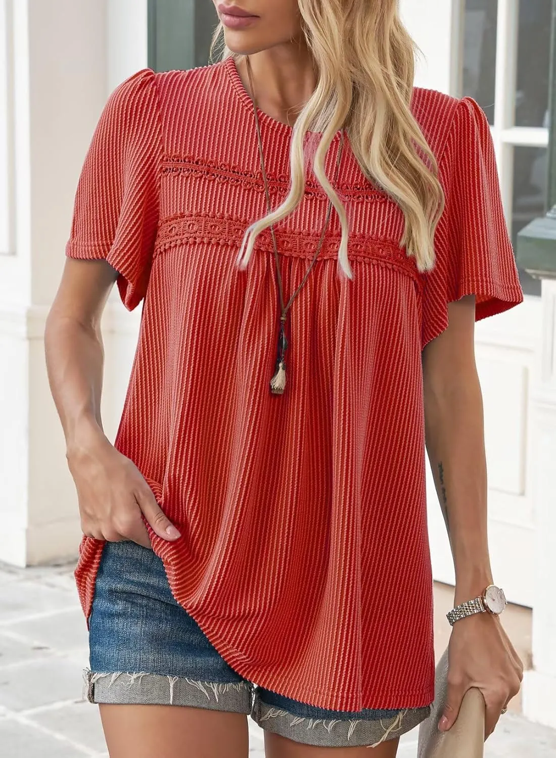 Womens Summer Tops Crewneck Short Sleeve Striped Shirts Casual Ribbed Blouses Flowy Hem Boho Clothing 2025