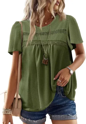 Womens Summer Tops Crewneck Short Sleeve Striped Shirts Casual Ribbed Blouses Flowy Hem Boho Clothing 2025