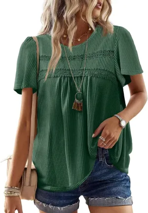 Womens Summer Tops Crewneck Short Sleeve Striped Shirts Casual Ribbed Blouses Flowy Hem Boho Clothing 2025