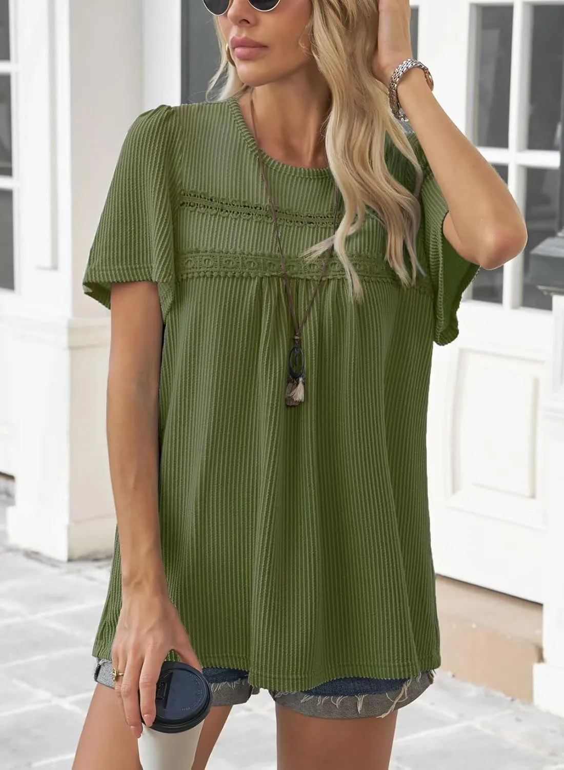 Womens Summer Tops Crewneck Short Sleeve Striped Shirts Casual Ribbed Blouses Flowy Hem Boho Clothing 2025