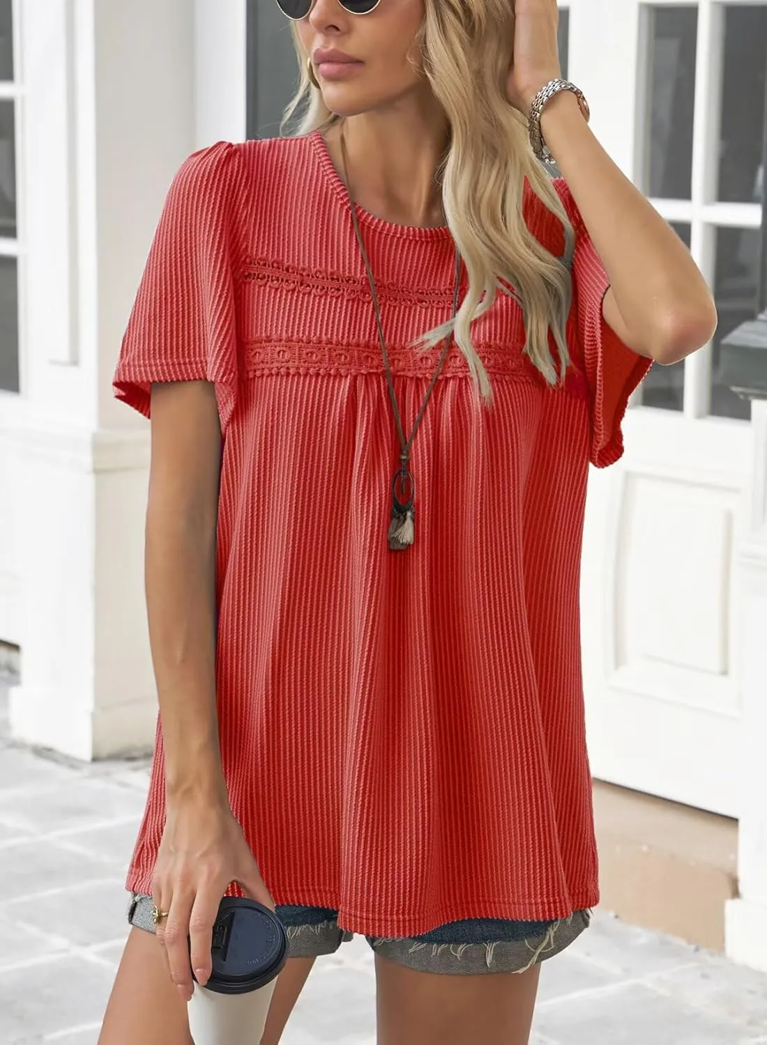 Womens Summer Tops Crewneck Short Sleeve Striped Shirts Casual Ribbed Blouses Flowy Hem Boho Clothing 2025